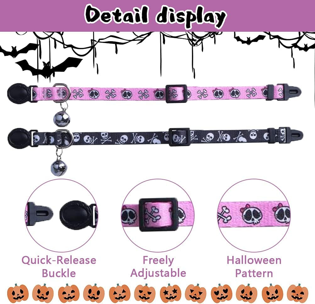 Adjustable Breakaway Cat Collar with Bells, Safety Release Buckle, Skull Design - Ideal for Small Pets, Kittens, and Puppies