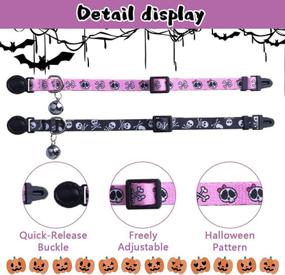 Adjustable Breakaway Cat Collar with Bells, Safety Release Buckle, Skull Design - Ideal for Small Pets, Kittens, and Puppies