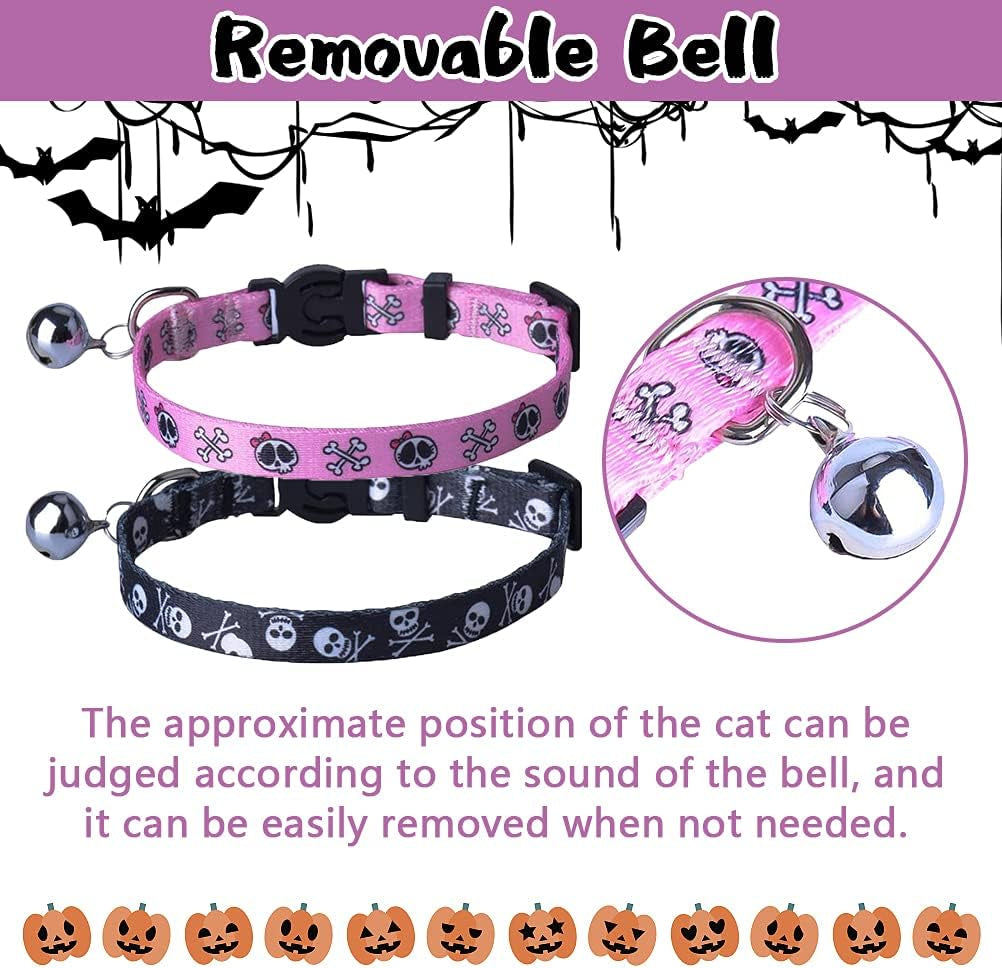 Adjustable Breakaway Cat Collar with Bells, Safety Release Buckle, Skull Design - Ideal for Small Pets, Kittens, and Puppies